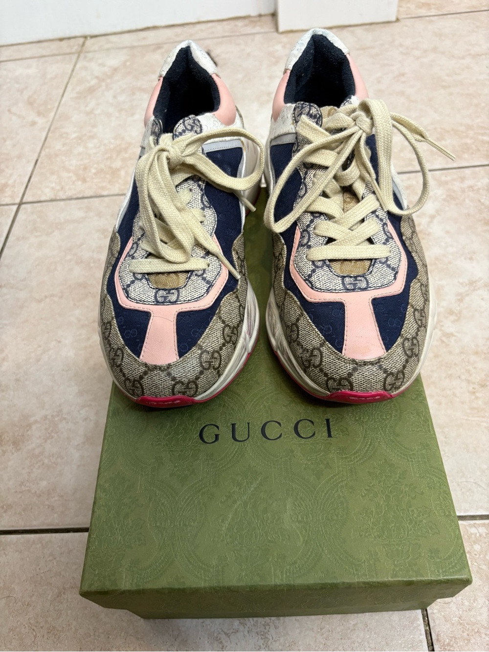 Gucci Women’s GG Canvas Sneakers with Pink & Navy Accents